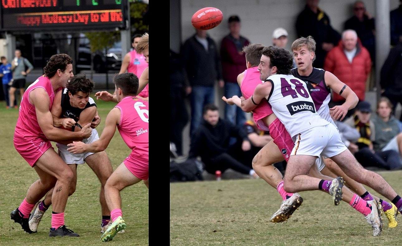Charlie Sinclair the tackled and Tom McPhee the tackler in a rare win in Round 6 at De La Salle's Waverley Road ground