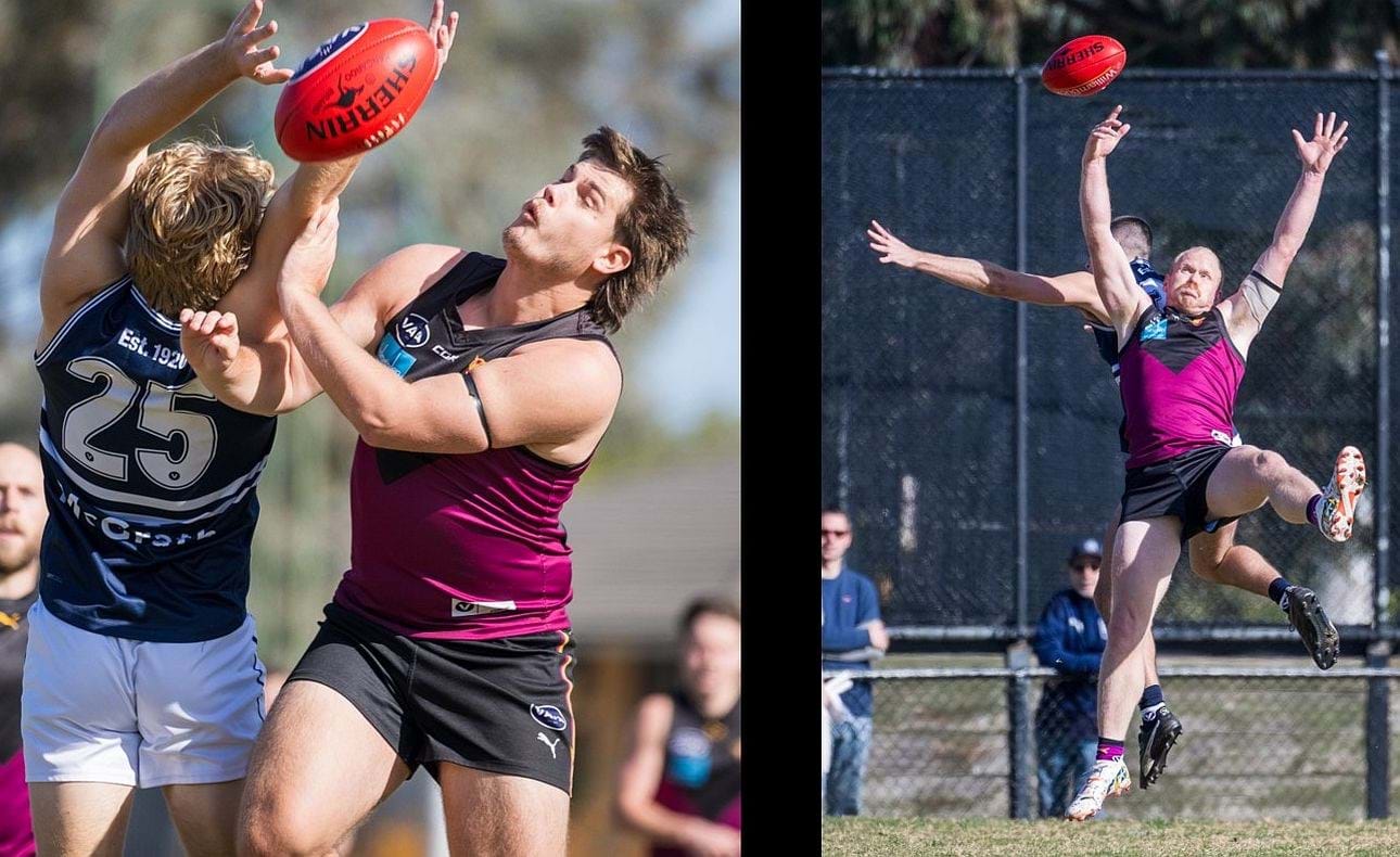 Max Walstab and Brad Prior show off their aerial skills in the Reserves