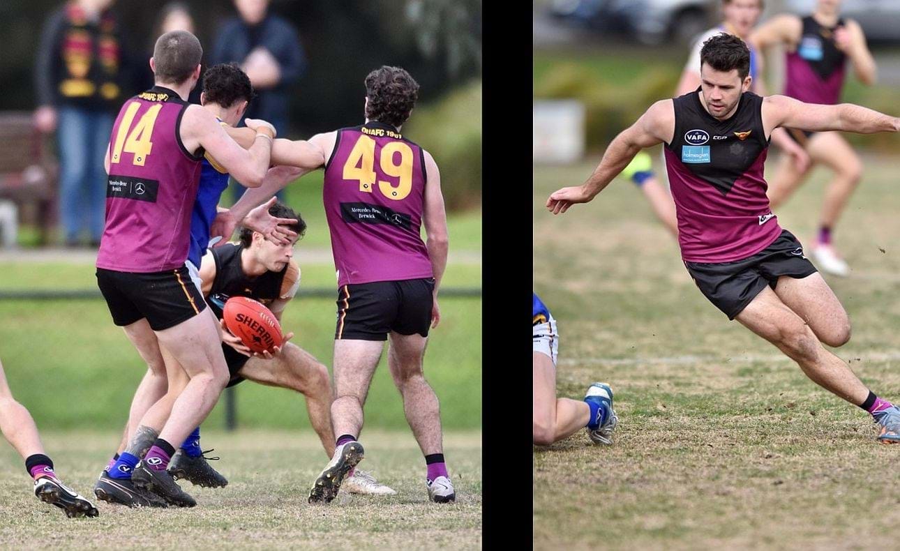 Charlie Sinclair in the gap between team mates Durras Seccull (14) and Tom McPhee (49); Josh Vaughan sways on his senior debut