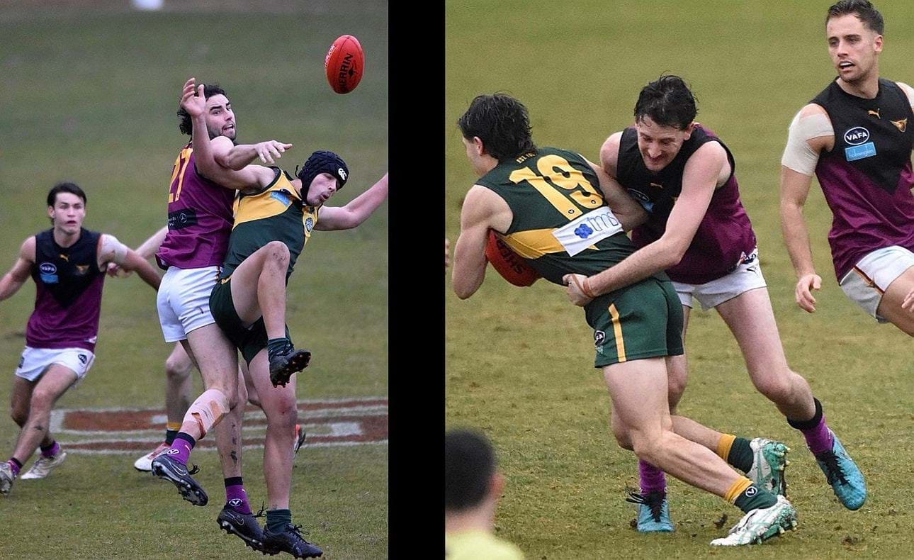 Jack Bell (27) in a ruck contest, Joel Constable the tackler
