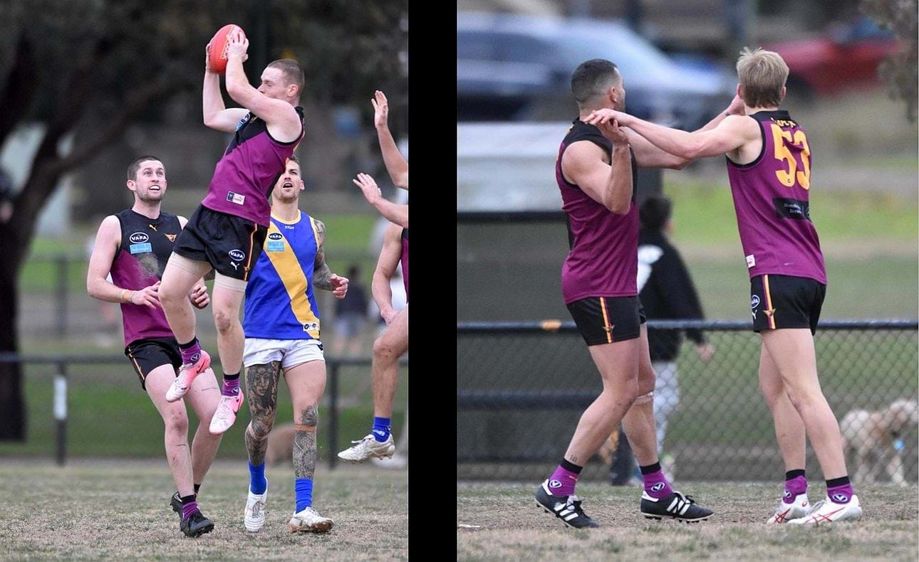Dre Stefanakis leaps for another overhead mark while the veteran Magner and talented rookie Harrop celebrate another goal