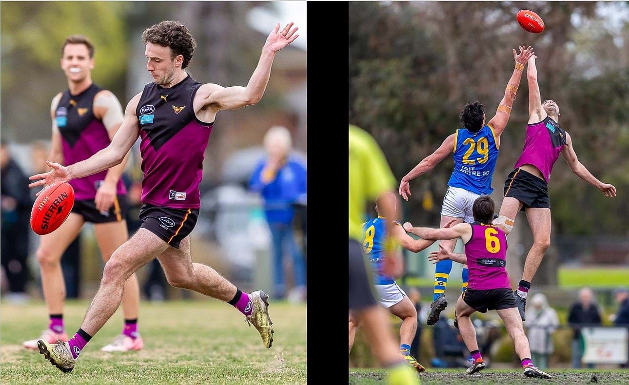 Tom McPhee kicks clear under Brodie Steele's watchful eye; Josh Gasparini (6) awaits Jack Bell's tap